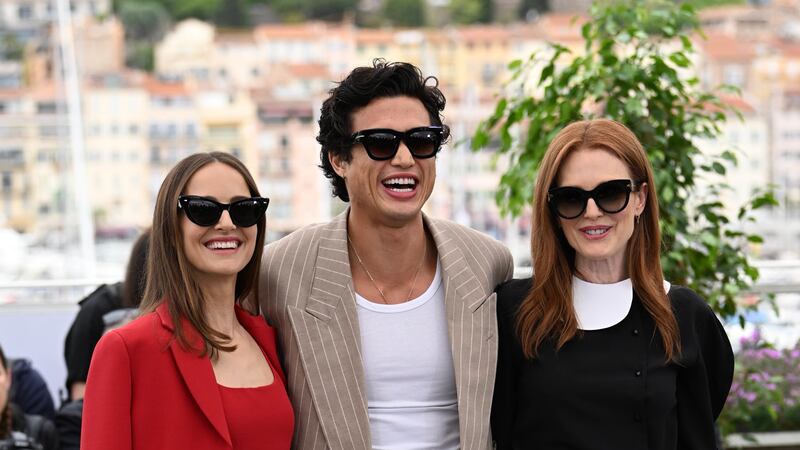 Natalie Portman, Charles Melton and Julianne Moore attending the photocall for May December at Cannes Film Festival (Doug Peters/PA)