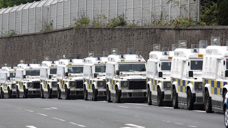 Armoured police vehicles at Clifton Street in north Belfast ahead of this year&#39;s Henry Joy McCracken commemoration parade. Picture by Cliff Donaldson 