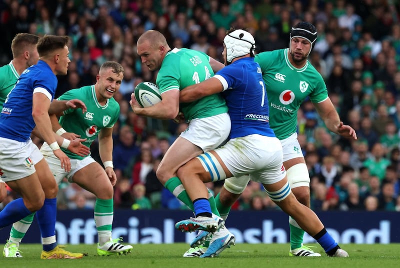 Keith Earls, with ball, is poised to wi his 100th cap for Ireland