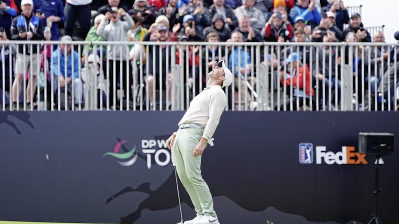 Rory McIlroy celebrates completing his round on day four of the Genesis Scottish Open 2023 at The Renaissance Club, North Berwick. McIlroy finished with birdies at the 17th and 18th to pip Scotland's Robert McIntyre to the title Picture: Jane Barlow/PA