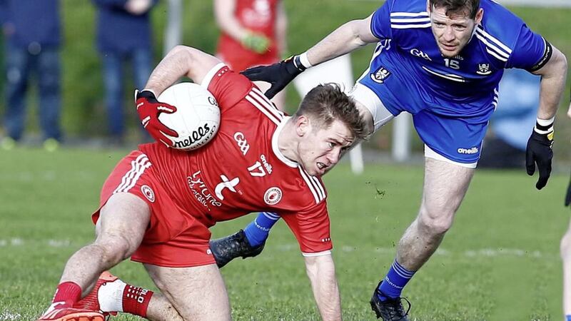 Tyrone&#39;s Mark Bradley and Monaghan&#39;s Conor McManus in action during the Allianz GAA Football League Division 1 clash at Castleblayney on February 2 2020. Picture by Philip Walsh. 