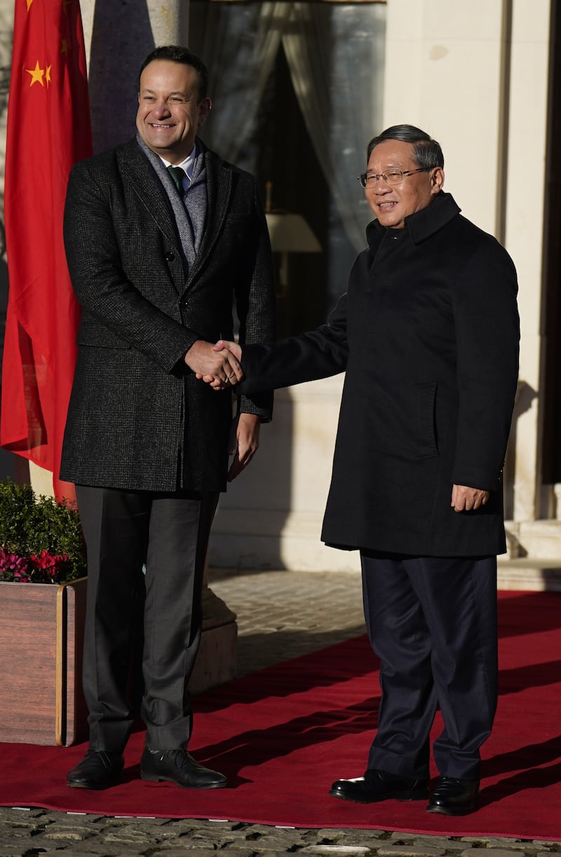 Taoiseach Leo Varadkar welcomes Chinese premier Li Qiang to Farmleigh House in Dublin