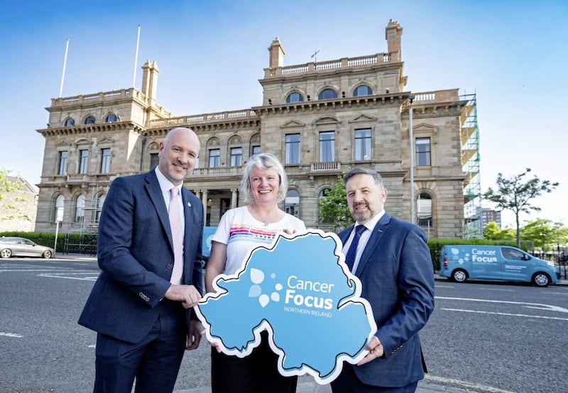Cancer Focus NI plans to open five regional support centres. Pictured, left to right, at the launch of the scheme are Richard Spratt from Cancer Focus NI; Denise Kettyles, a Cancer Focus NI client; and former health minister Robin Swann 