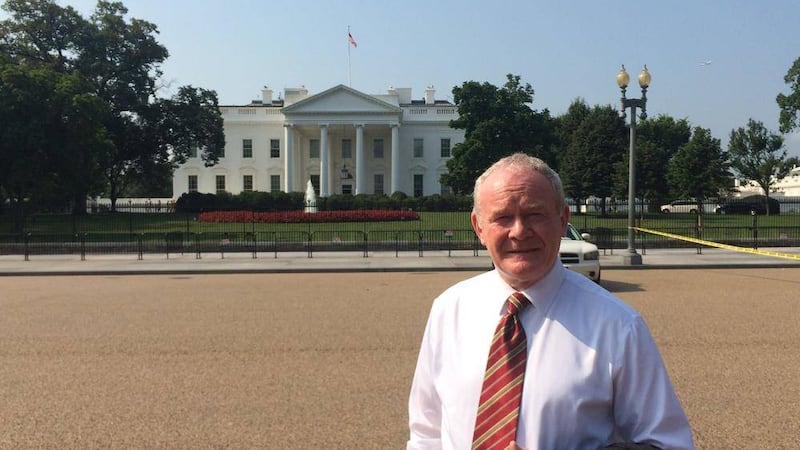 Deputy First Minister Martin McGuinness outside the White House during his transatlantic trip  to brief the US administration on the political crisis in Northern Ireland