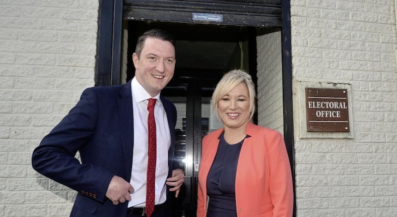 Sinn F&eacute;in North Belfast candidate John Finucane with Michelle O&#39;Neill at the Electoral Office in Newtownabbey. Picture by Colm Lenaghan/Pacemaker 