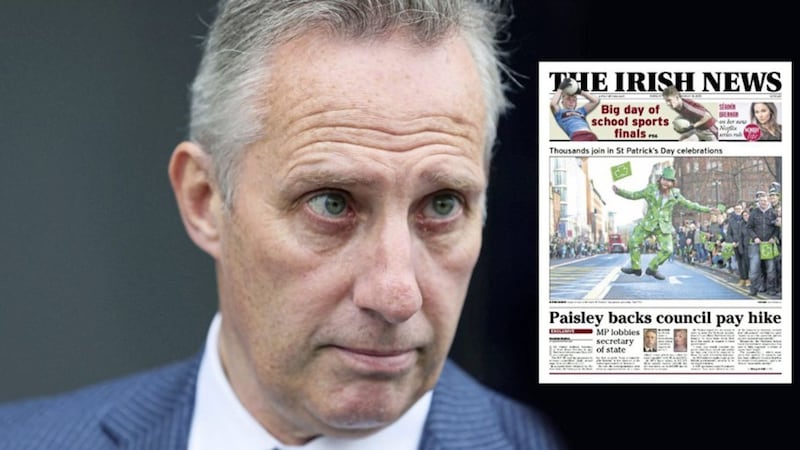 DUP MP Ian Paisley, and inset, how The Irish News revealed Mr Paisley lobbied for councillors to receive a pay rise 