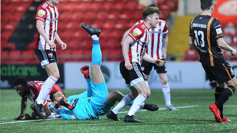 Derry City Cameron McJannet (near right) was on target against Bohemians in Dublin last night, this time a double strike, following up on his goal against Dundalk at the Brandywell on Tuesday night. Dundalk keeper Alessio Abibi. Picture by Margaret McLaughlin&nbsp;