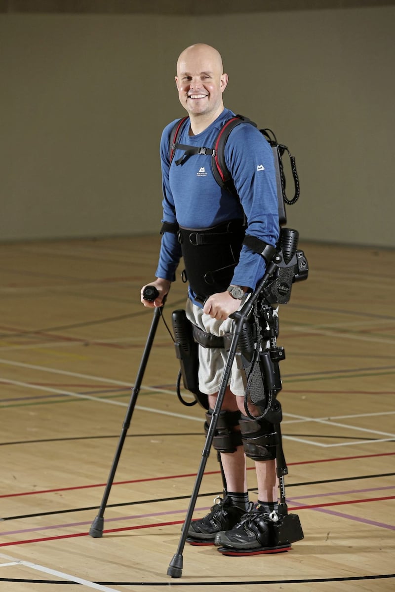 Mark Pollock using an Ekso Bionics robotic exoskeleton at Trinity College Dublin in 2015. Picture by Peter Macdiarmid for the Mark Pollock Trust. 