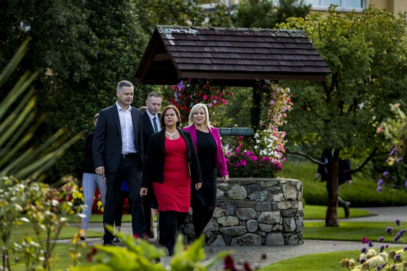 &nbsp;Sinn Fein president Mary Lou McDonald alongside party colleagues arrives for a party meeting at the Carrickdale Hotel and Spa in Dundalk. Liam McBurney/PA Wire