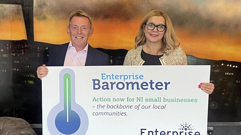 Launching the 2023 NI Enterprise Barometer are Michael McQuillan, chief executive of Enterprise NI, and Susan McKane, senior manager NI at British Business Bank 