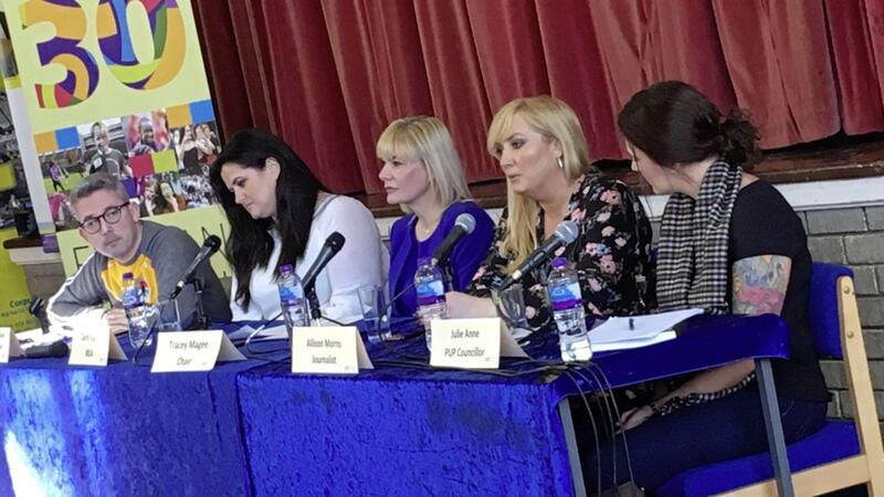 The panel at a Youth Talks Back event in Corpus Christi College in west Belfast 