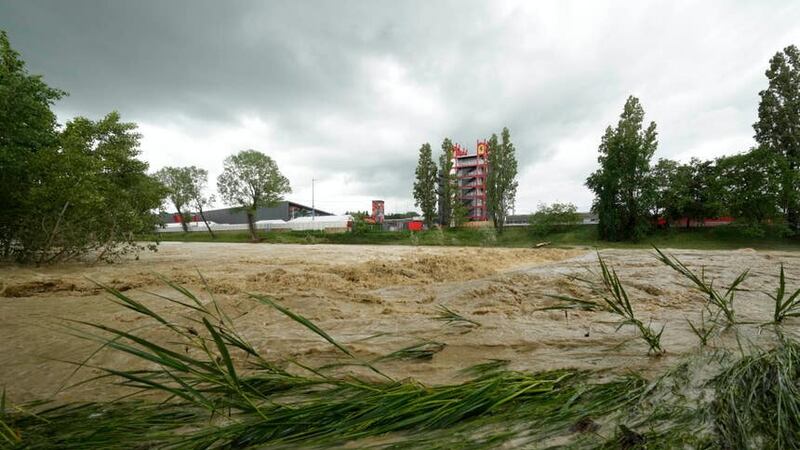 A view of the swollen Santerno River with the Enzo e Dino Ferrari circuit, in Imola, Italy, behind (Luca Bruno/AP)