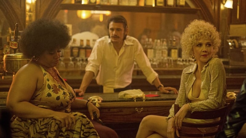 Thunderthighs (Pernell Walker), Vincent Martino (James Franco) and Candy (Maggie Gyllenhaal) in The Deuce 