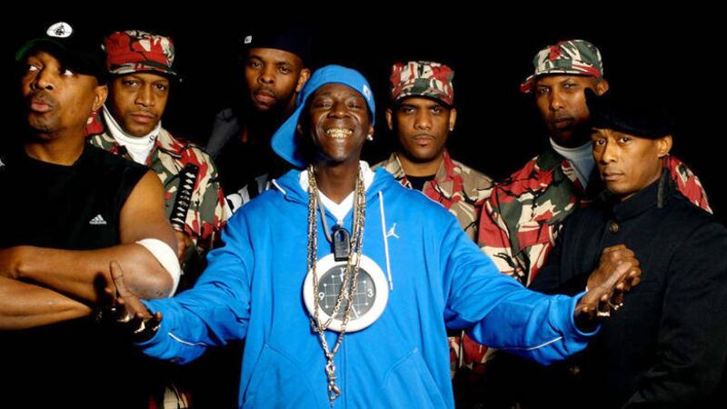 Public Enemy, with Chuck D (far left) and Flavor Flav (centre) 
