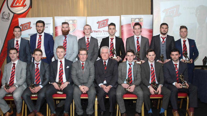 O&rsquo;Reilly Transport Club Down Allstar winners with county chairman Se&aacute;n Rooney (front row, fourth from left) and sponsor Eugene O&rsquo;Reilly (front row, fourth from right) <br /> Picture by Louis McNally