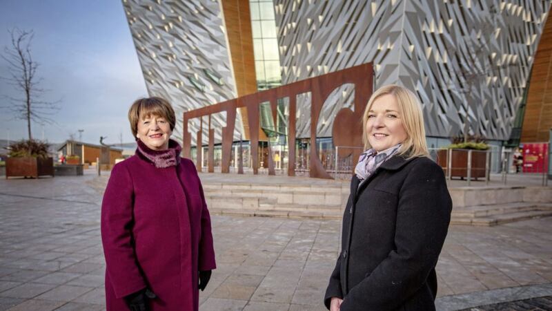 Women in Business&rsquo;s newly appointed chair Nichola Robinson (right) and vice chair Anne Clydesdale ahead of the 2019 chair&rsquo;s lunch in Titanic Belfast on January 24 