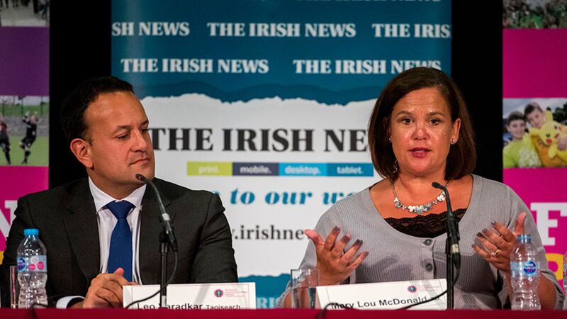 Taoiseach Leo Varadkar and Sinn F&eacute;in President Mary Lou McDonald during the F&eacute;ile an Phobail 'Leader's Debate' at St Mary's University College, Belfast&nbsp;