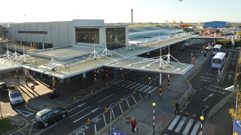 Aerial photo of Belfast International Airport's passenger terminal.