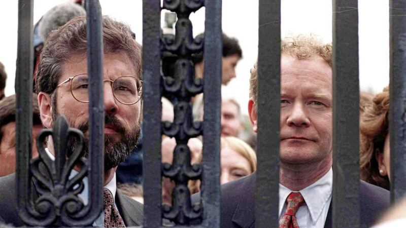 Gerry Adams and Martin McGuinness locked out of the Stormont talks after the 1994 ceasefire. Picture by Martin Wright 