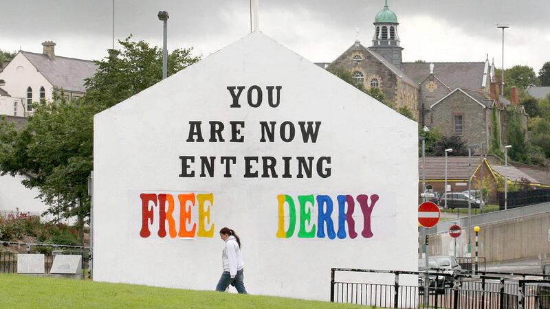 Free Derry Corner transformed for a gay pride parade. Picture by Margaret McLaughlin<br />&nbsp;