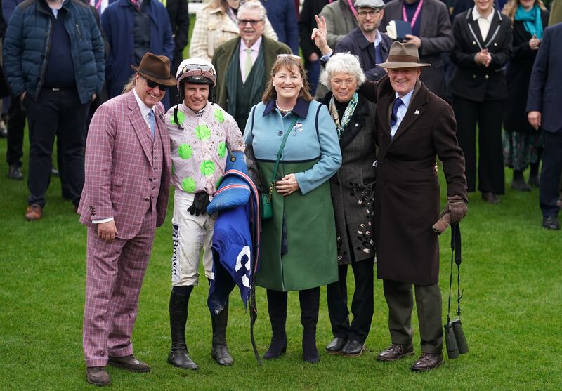 Left to right, Ricci Rich, jockey Paul Townend, owner Susannah Ricci, Jackie Mullins and trainer Willie Mullins after winning the My Pension Expert Arkle Challenge Trophy Novices' Chase with Gaelic Warrior on day one of the 2024 Cheltenham Festival