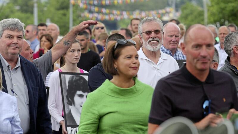 Former Sinn F&eacute;in president Gerry Adams and current leader Mary Lou McDonald at the annual hunger strike commemoration in Castlewellan, Co Down. Picture by Mal McCann
