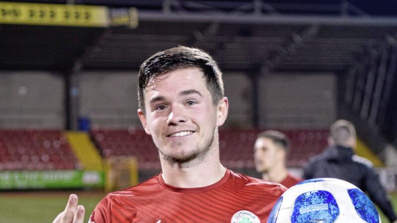 Cliftonville&#39;s Michael McCrudden with the match ball after his hat-trick against Portadown at Solitude on Saturday Picture by Andrew McCarroll/Pacemaker 