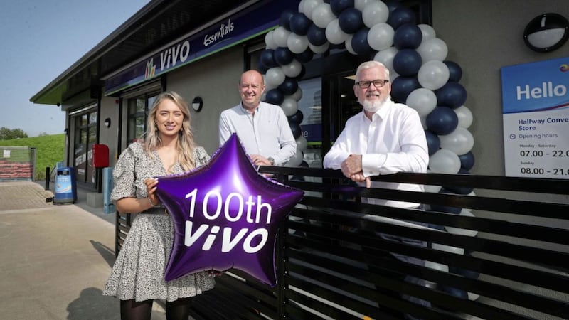 Laura and Andrew Short, pictured with Henderson Group&#39;s Paddy Doody, at their new ViVO Essentials store in Tattyreagh, Co Tyrone. 