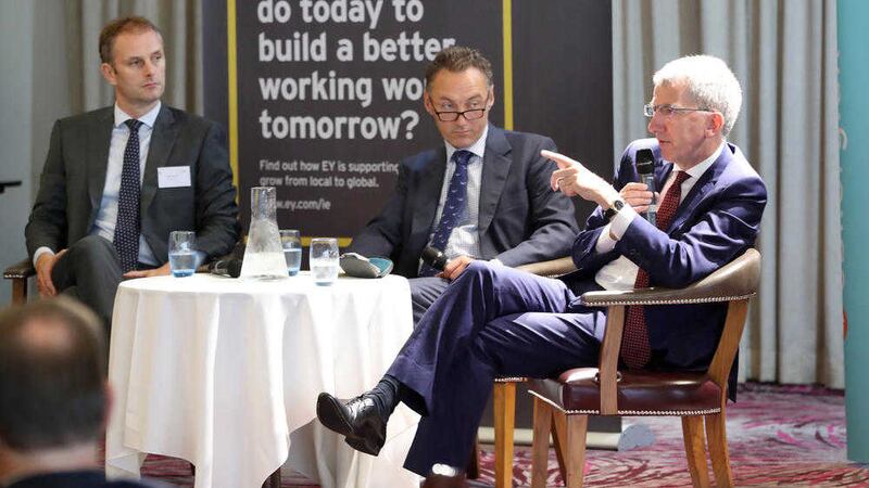 M&aacute;irt&iacute;n &Oacute; Muilleoir participated in a question time session with CBI members. He is pictured with Michael Hall, EY (sponsor) and David Gavaghan, CBI 