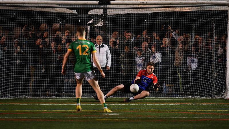 Michael Cunningham of New York saves a penalty taken by Paul Keaney of Leitrim during the Connacht GAA Football Senior Championship quarter-final match between New York and Leitrim at Gaelic Park in New York Picture: David Fitzgerald/Sportsfile