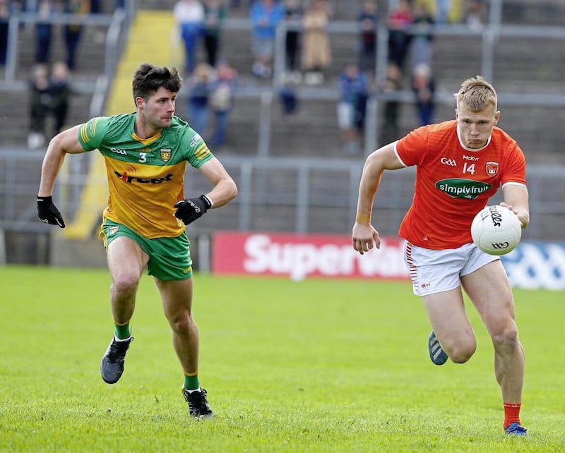 Armagh's Rian O&#39;Neill is a skilled exponent of kicking frees from off the ground Picture: Philip Walsh. 