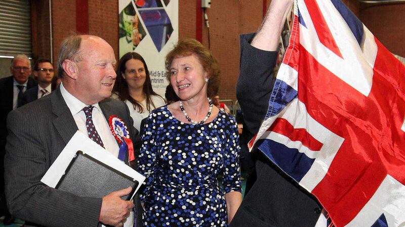 TUV's Jim Allister and his wife Ruth pictured after Mr Allister becomes the first MLA elected for North Antrim, at the Ballymena count. Picture by Cliff Donaldson&nbsp;