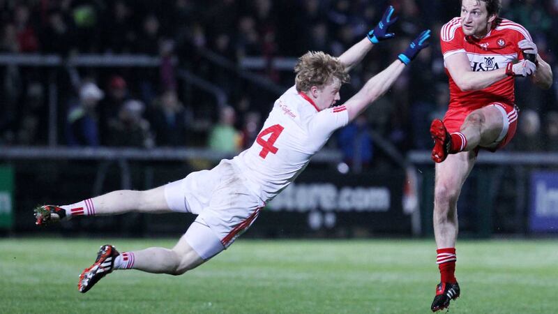 Hugh Pat McGeary at full stretch during the McKenna Cup final against Derry &nbsp;