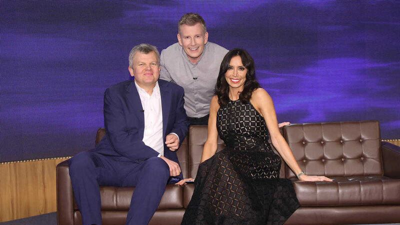 Patrick Kielty with guest Christine Lampard and Adrian Chiles on the first episode of Delete Delete Delete 
