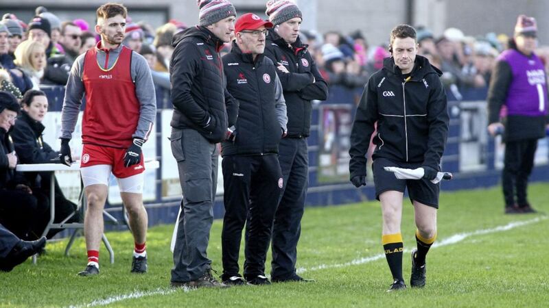 Padraig Hampsey (left) wasn't the only Coalisland club member happy to host Tyrone's McKenna Cup match against St Mary's.<br /> Pic: Seamus Loughran