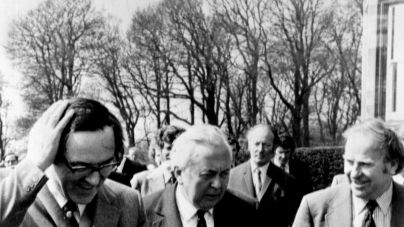 New Secretary of State Merlyn Rees (left) and Minister of State for Northern Ireland Stanley Orme with Prime Minister Harold Wilson at Stormont Castle