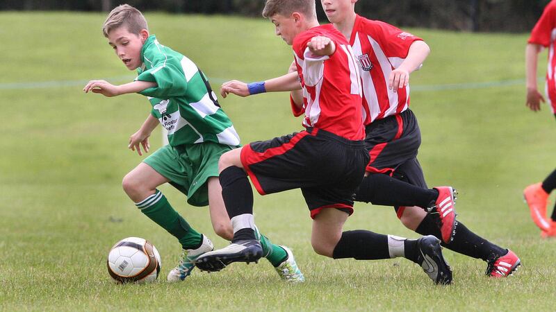 Derry Colts and Castlefinn in action during their Foyle Cup under 14 match played at Thornhill on Wednesday. Picture Margaret McLaughlin&nbsp;