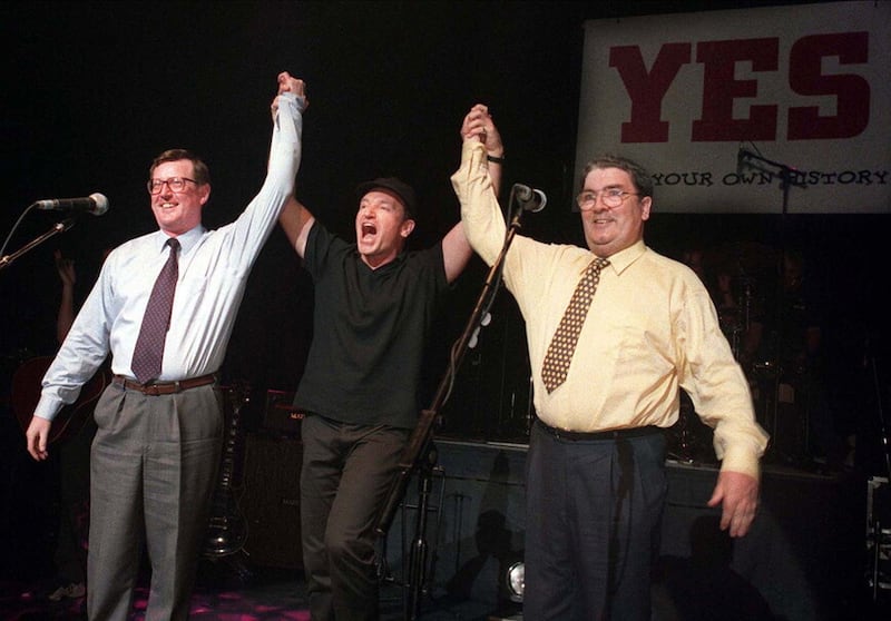 19/05/98 Unionist leader David Trimble, SDLP leader John Hume and Bono of U2 pictured together onstage at the Waterfront hall in Belfast for a concert to promote a YES vote in the Good Friday Agreement referendum