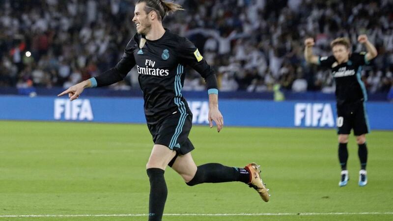Real Madrid&#39;s Gareth Bale celebrates scoring during the 2017 Club World Cup semi-final against Al Jazira (of host country the United Arab Emirates). 