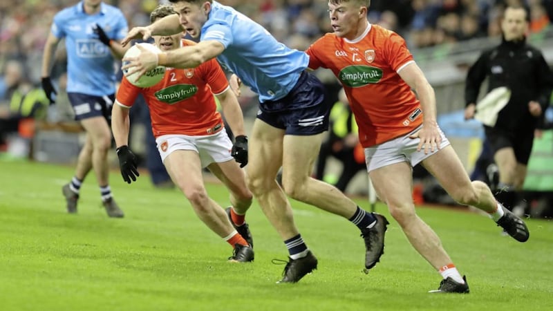 Dublin&#39;s Lee Gannon and Armagh&#39;s Aidan Nugent in action during the Allianz GAA Football Division 1 match between Dudlin and Armagh at Croke Park Dublin on 01-29-2022. Pic Philip Walsh. 