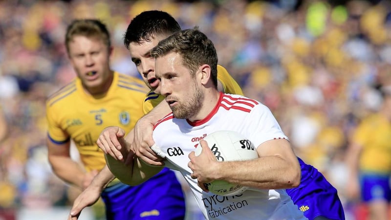 Tyrone&#39;s Niall Sludden and Roscommon&#39;s Conor Daly in action during the GAA Football All-Ireland Senior Championship Quarter-Final Group 2 Phase 1 between Tyrone and Roscommon at Dr Hyde Park in Roscommon. Picture by Philip Walsh 