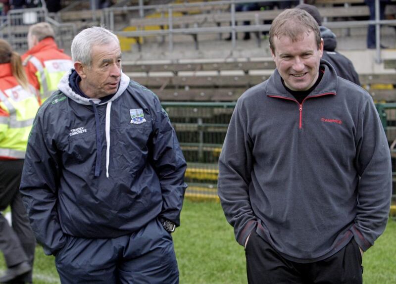 Pete McGrath and James McCartan share a joke on the sideline back in 2015 