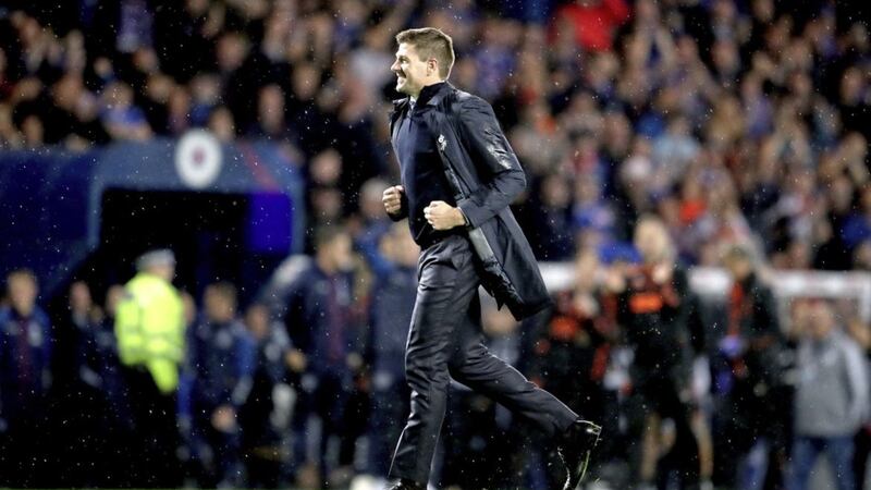 Rangers manager Steven Gerrard celebrates victory over Legia Warsaw 