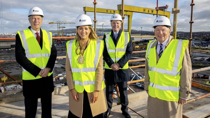 L-R: John Hansen (Titanic Quarter chair); Lord Mayor of Belfast, Kate Nicholl; Joe O&rsquo;Neill (Belfast Harbour CEO); and Jonathan Hegan (Olympic House Office Developments chair). 