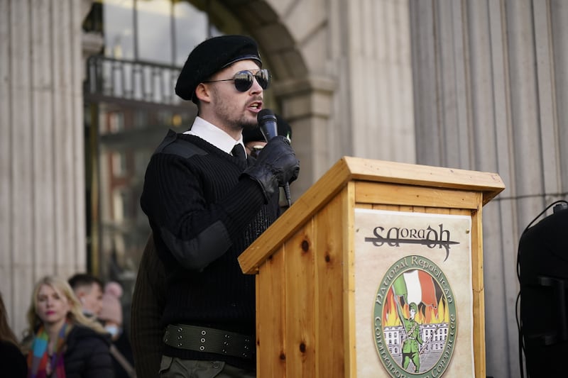 Caoimhin Murphy from Tyrone speaking at unofficial commemoration of the 1916 Easter Rising in Dublin City centre, organised by dissident republican political group Saoradh. Picture date: Saturday March 30, 2024. PA Photo. See PA story IRISH Rising. Photo credit should read: Niall Carson/PA Wire