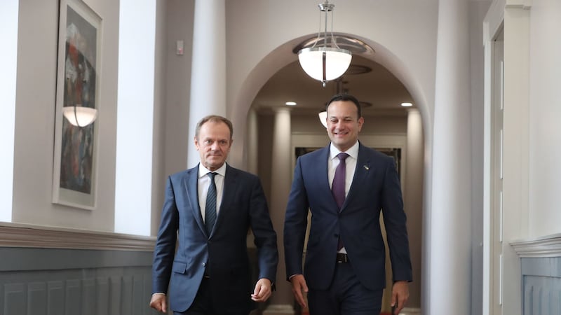 Taoiseach Leo Varadkar (right) walks with European Council President Donald Tusk at Government Buildings in Dublin, for talks ahead of the European Council summit later in the week&nbsp;