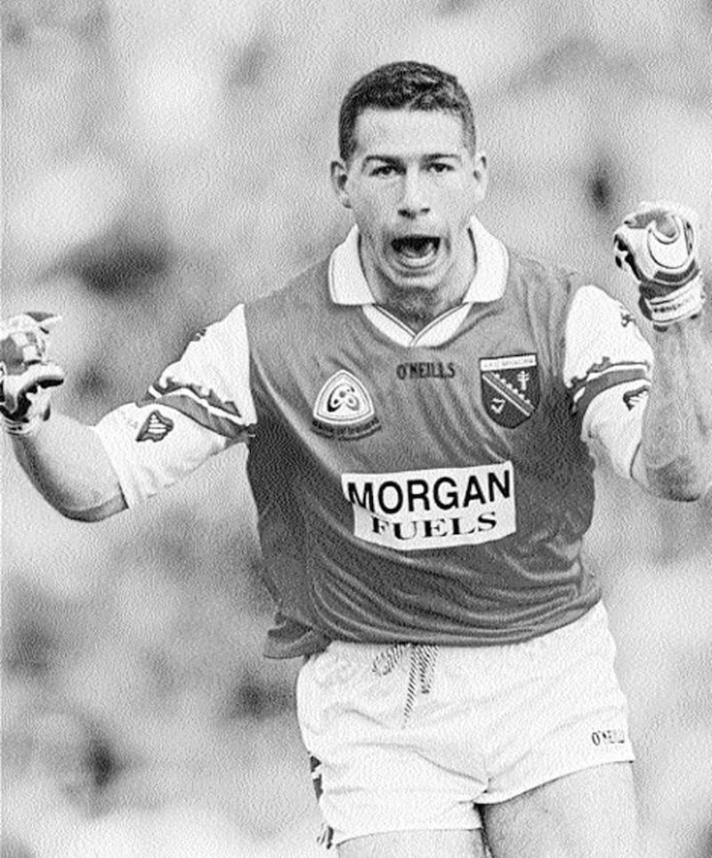 ON TARGET... Diarmaid Marsden celebrates scoring Armagh&rsquo;s first goal against Meath in yesterday&rsquo;s 1999 All-Ireland SFC semi-final in Croke Park 