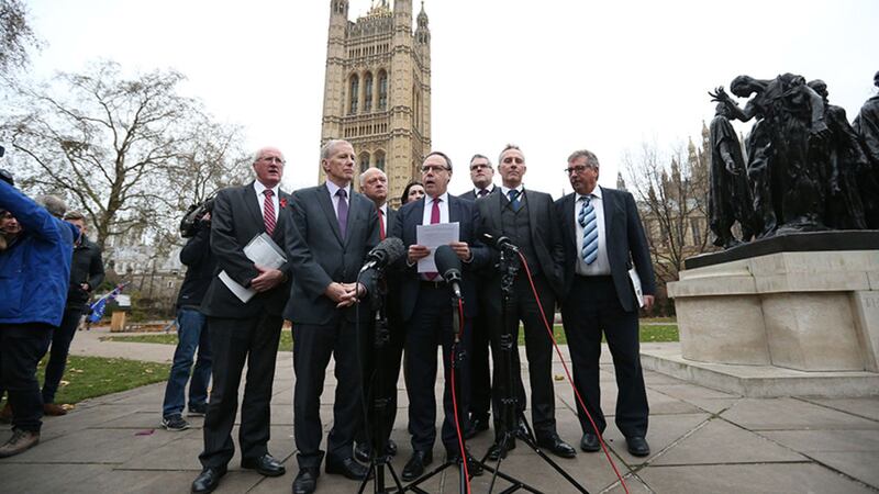 Deputy leader Nigel Dodds and fellow Westminster DUP MPs speaking in Victoria Gardens, central London on their response to the ongoing EU exit negotiations and the question of the Anglo-Irish border &nbsp;