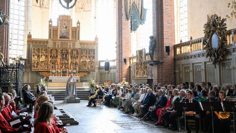 Sweden’s King Carl Gustaf and Queen Silvia visit Strangnas Cathedral (Pontus Lundahl/TT News Agency/AP)