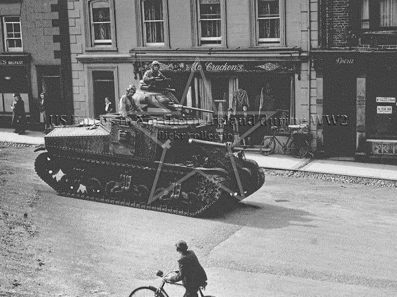 A US tank on Main Street, Castlewellan, in the run-up to the 1944 Allied invasion of France. Picture from History of Kilmeagan and Surrounding Area 